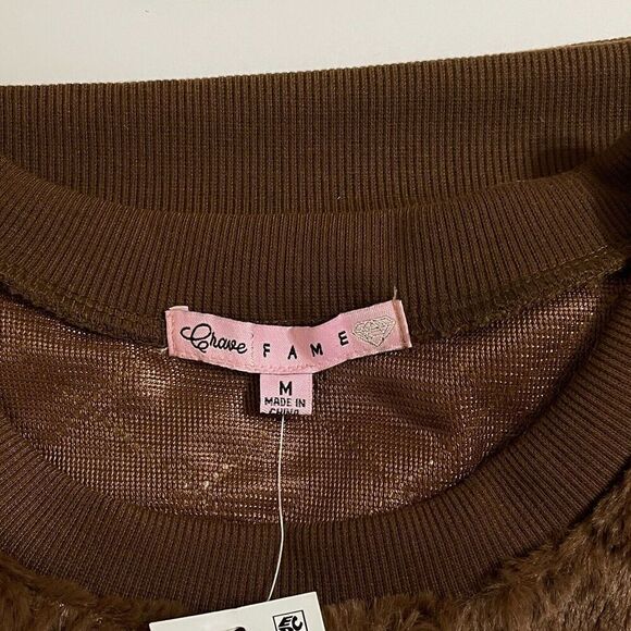 NWT Crave Fame Juniors' Diamond Faux-Fur Pullover Top - Cocoa - Size MED - Picture 5 of 5